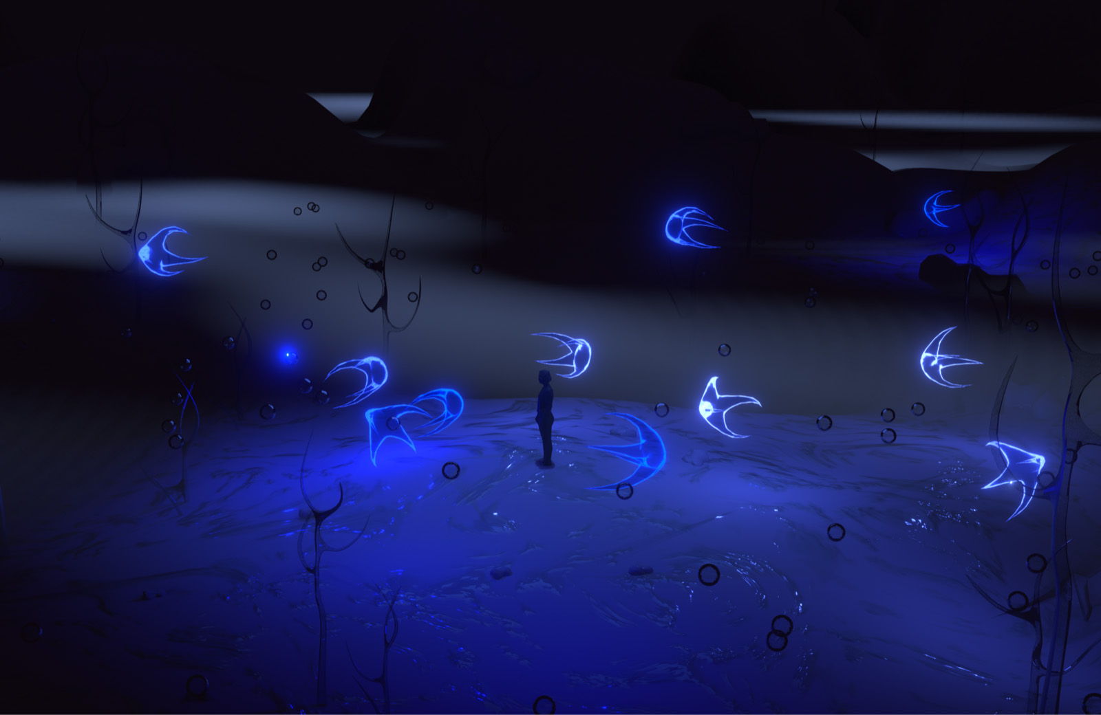 Ritual divino — paisaje nocturno con criaturas luminosas